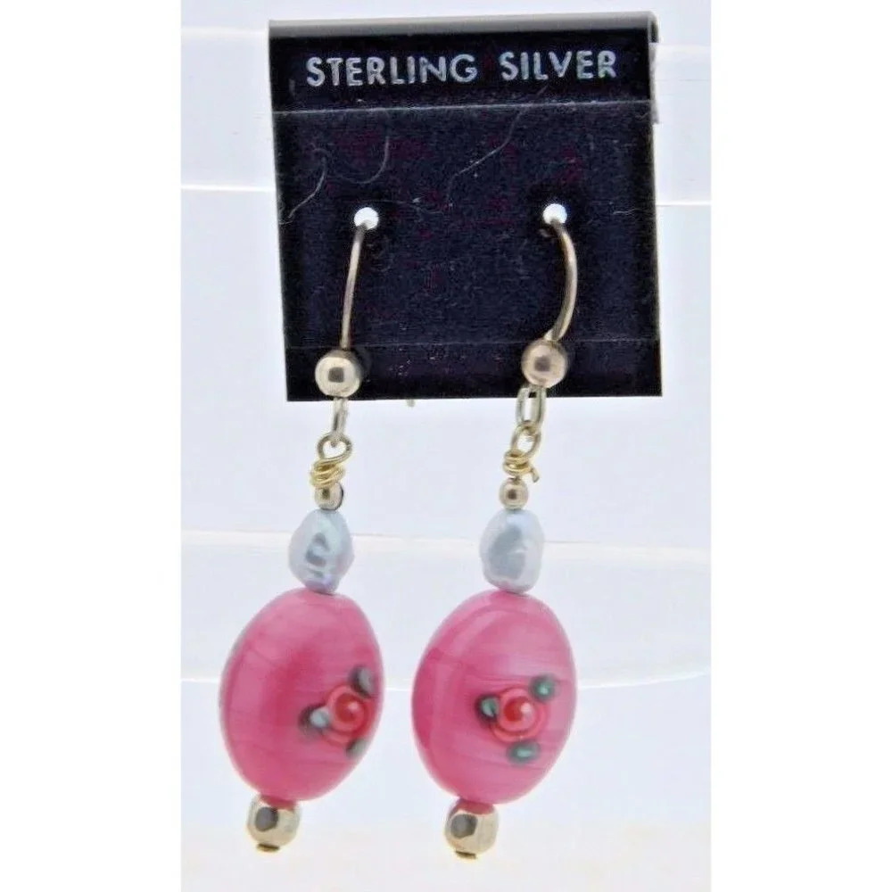 NOS Sterling Silver Pink Flower Art Glass Pearl Bead Beaded Dangle Earrings
